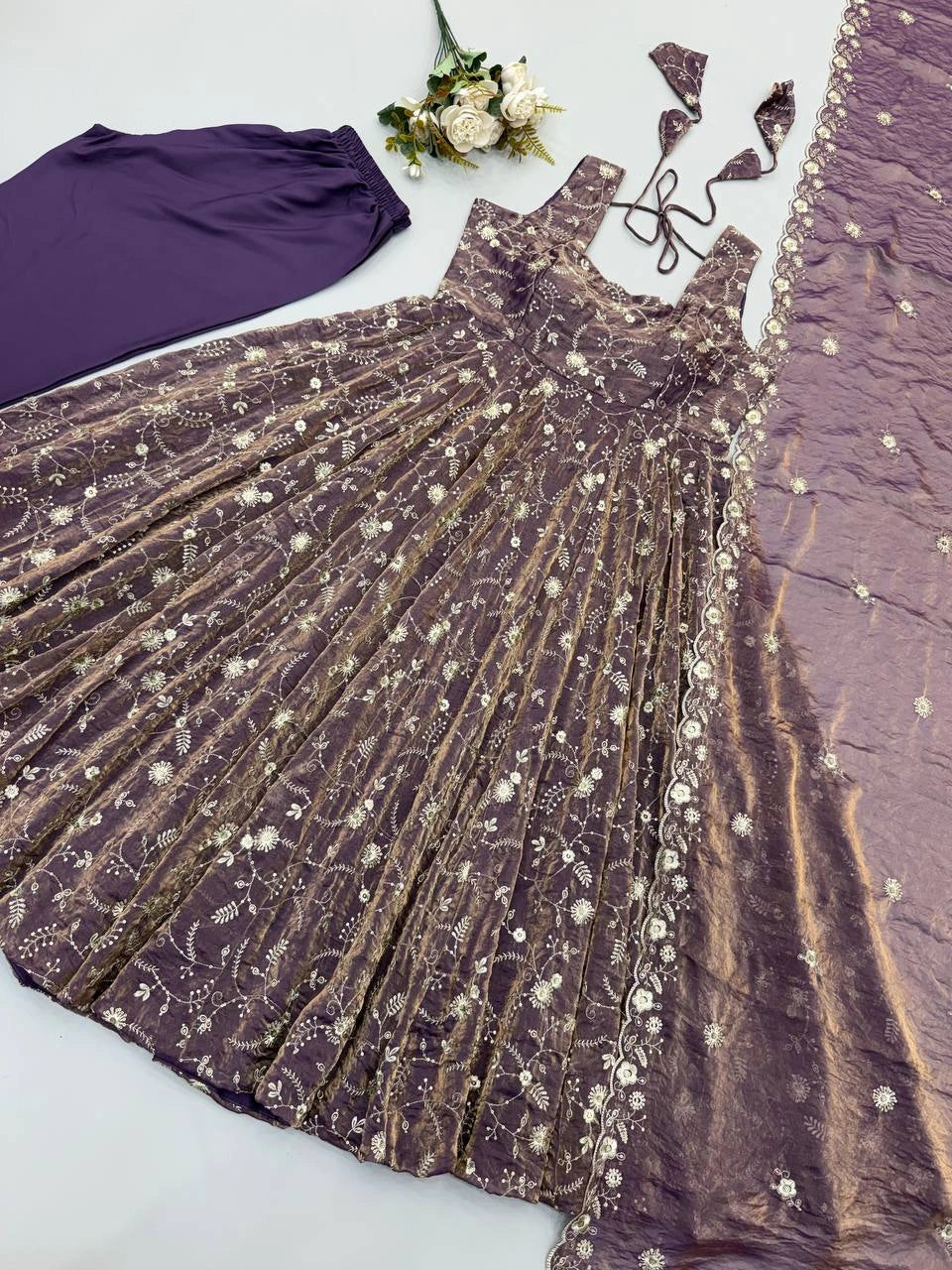 Mauve Anarkali Suit flat lay composite view – Kalyanja KU300